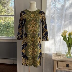 J. McLaughlin Sophia Catalina Dress Sz Small Olive Navy Baroque Print Chain